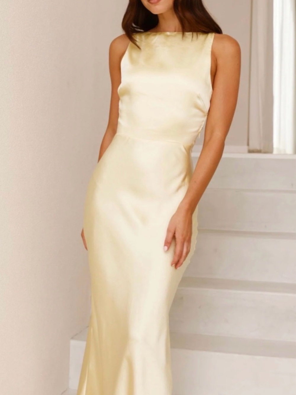 Sleeveless Pale Yellow Satin Maxi Dress